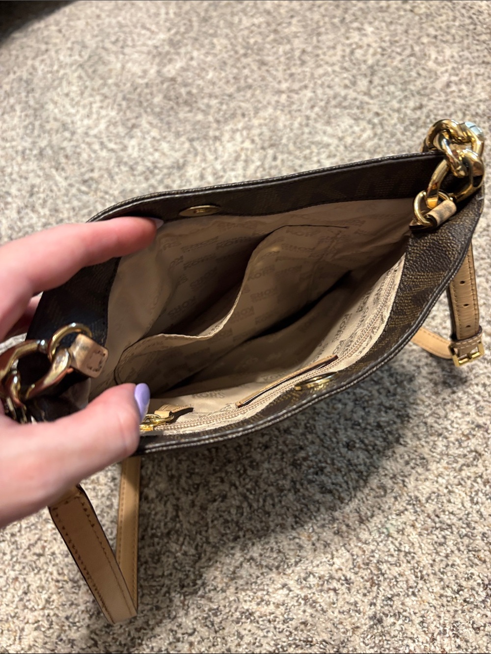 Michael Kors Brown Logo Shoulder Bag with Tan Strap and Gold Hardware - Picture 3 of 6